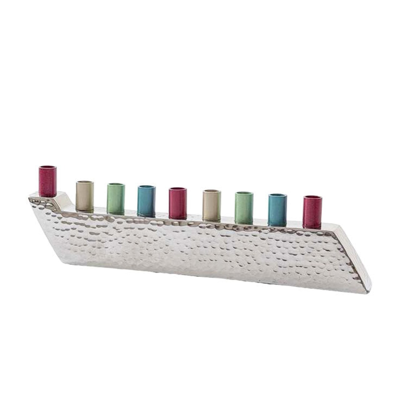 Hammered Metal Menorah with Colorful Candle Cups By Kinor Decor